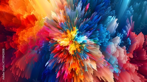 A colorful explosion of paint with a rainbow of colors. The colors are bright and vibrant, creating a sense of energy and excitement. The explosion of paint seems to be coming from a single point
