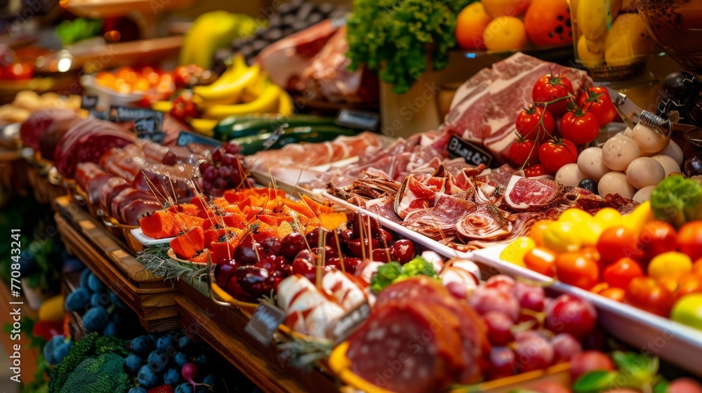 Buffet in a restaurant, close-up of an assortment of meats, bright fruits and bright vegetables