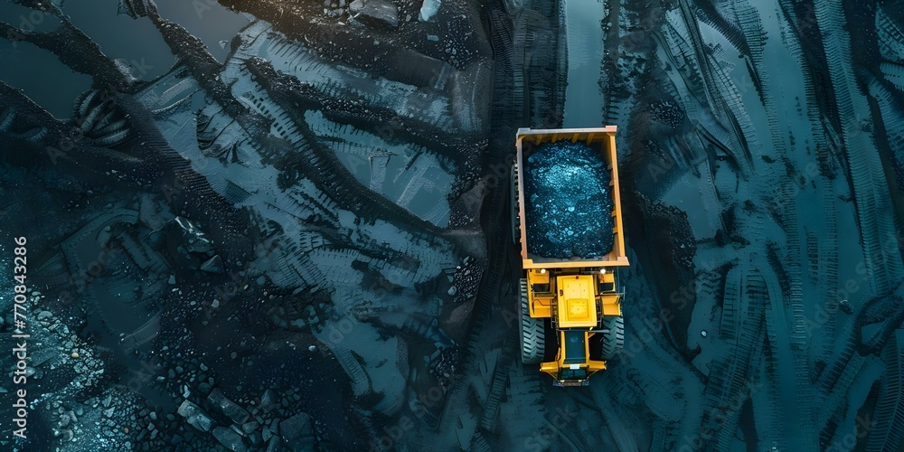 Obraz premium Realistic photo of open pit mining with large yellow dump truck extracting anthracite coal showcasing scale of machinery. Concept Mining Industry, Heavy Equipment, Anthracite Coal, Large Dump Truck