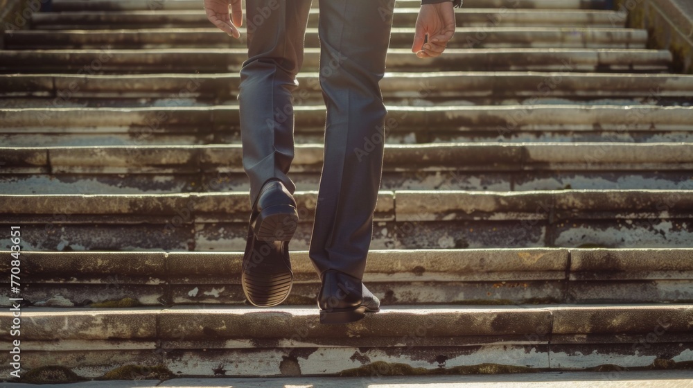 Businessman in a suit climbing an outdoor staircase, focusing on the lower half of the body Businessman in a suit climbing an outdoor staircase, focusing on the lower half of the body