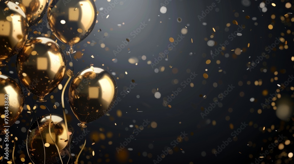 Obraz premium Shower of confetti and golden balloons falling on a sleek black background, with space for text