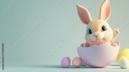 Fun Easter Bunny Hatching from Pastel Egg - High Res, Blue Clean Stage © GoonDuLagoon