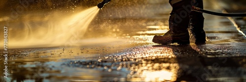 Man operating high pressure water jet and vigorously cleaning sidewalk and driveway