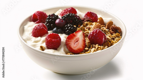 bowl of muesli with fresh berries and nuts on white background