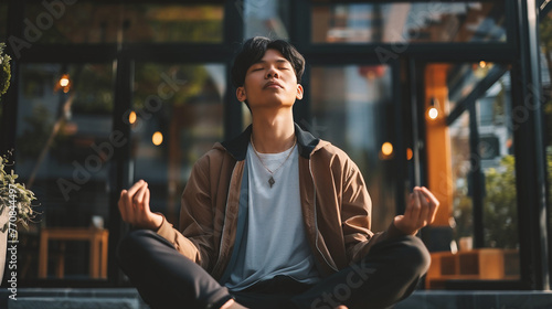 young asian man meditating in lotus pose on terrace