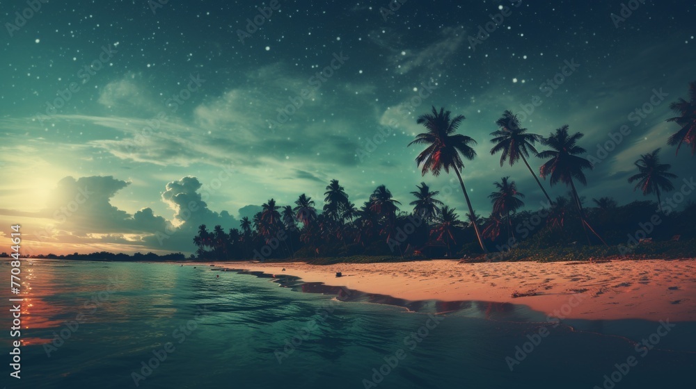 Vintage fantasy tropical beach under starlit sky and full moon in retro style artwork