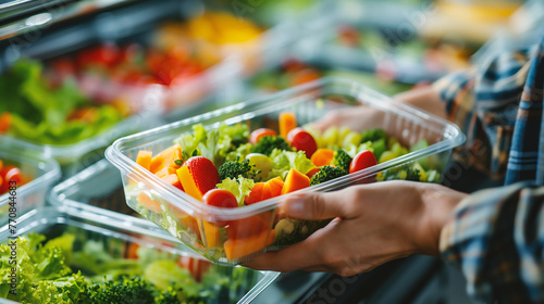 close up of woman taking fresh salad in plastic box at grocery store