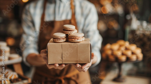 baker with macaroon delivery on bakery background photo