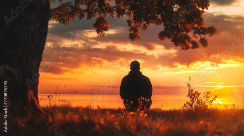Silhouette of a man sitting on the shore of the lake at sunset © Jioo7
