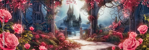 Enchanted Garden Path: A Fantasy Landscape of Magical Fairytale Elements, Inviting the Viewer Into a World of Dream and Imagination