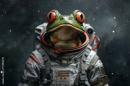 Astronaut frog on a space mission, realistic space suit and equipment, floating in the starry cosmos, adventurous and exploratory photo