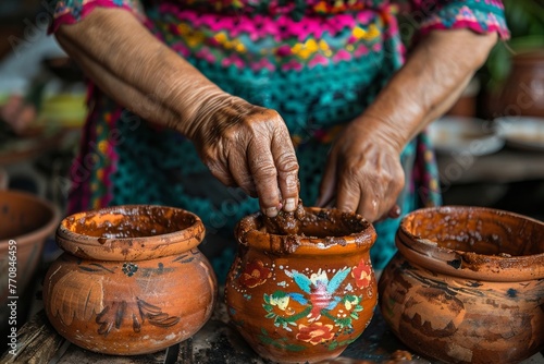 Mexican grandmother preparing mole, rustic and homely style, in an oldfashioned kitchen with clay pots and herbs, cultural and nostalgic photo
