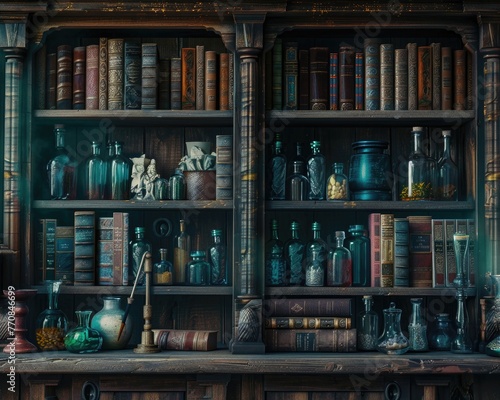 Shelves of a dark academia library hold a blend of ancient books and curious potion bottles