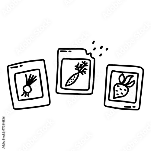 Vegetable seed packets. Carrot, beet and onion. Spring gardening season. Black and white vector isolated illustration hand drawn doodle. Sowing seeds for harvest. Clip art