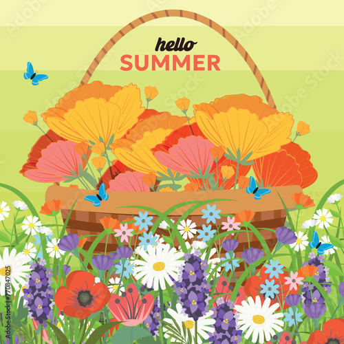 Hello summer poster with basket wildflowers. Summer botanical flat vector illustration on white background for wallpapers, banners, flyers, invitations, posters