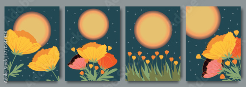 Set of trendy summer posters with flowers. Summer set of the cutest cards or posters for the summer holiday with wildflowers. Hand drawn Floral art templates. summer season or natural concept