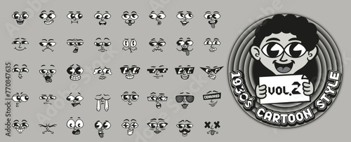 Retro cartoon faces. 1930s Rubber Hose style facial expressions vector set