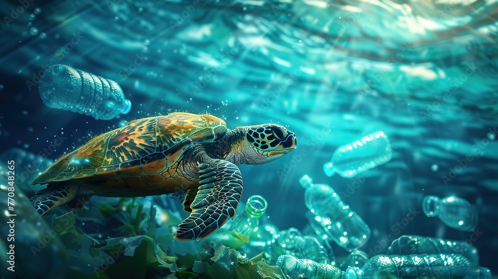 Fototapeta premium Turtle swimming underwater between discarded plastic bottles 