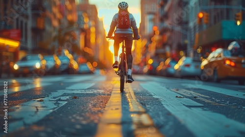 Cyclist commuting through the city photo