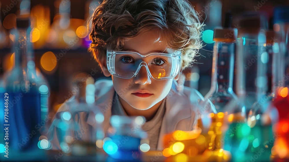 Young boy scientist engaged in experiment in laboratory Young boy scientist engaged in experiment in laboratory