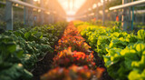 Rows of lush green lettuce in a modern hydroponic farm setup. Urban agriculture and innovative farming concept. Design for agribusiness, healthy food campaigns, and agricultural innovation.