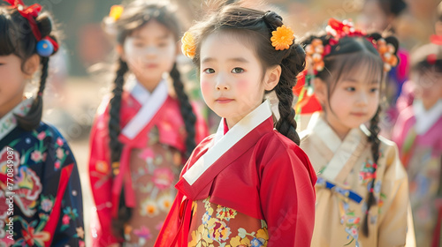 banner for children's day in korea, little smiling asian children on holidays in national clothes