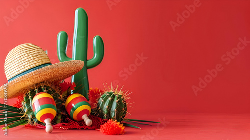 banner on "cinco de mayo" on a red background  cactus , maracas and traditional mexican patterns with copy space