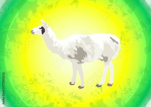 Llama - abstract graphic with circle shape in yellow and green colors and watercolor effect. Topics  animal  mammal  nature  abstraction  computer art  illustration