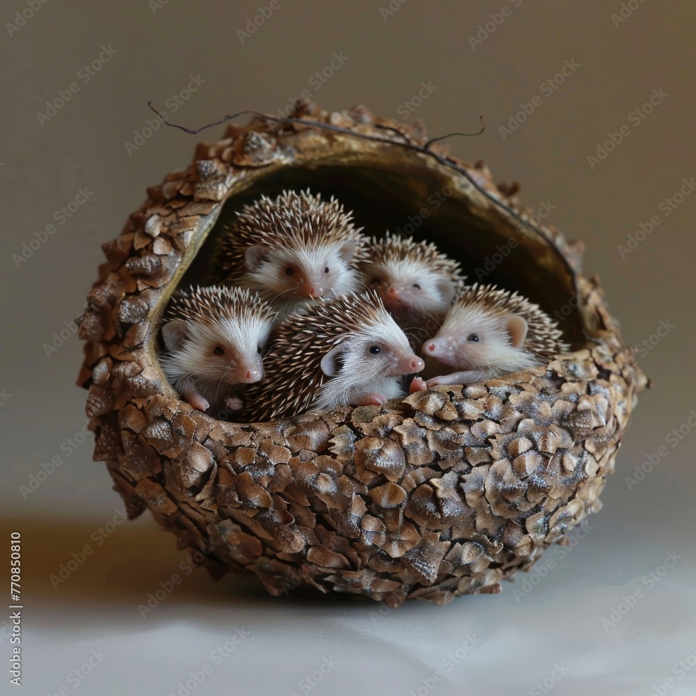 Obraz premium A family of hedgehogs curl up together in a bed of colorful autumn leaves cute