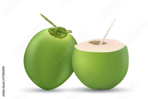 Realistic vector illustration of fresh young coconut fruit with a straw, full green color and fruit that has been cut, complete with straw
