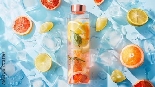 Healthy drink in a stylish glass bottle with fruit slices and ice cubes, fitness, hydration