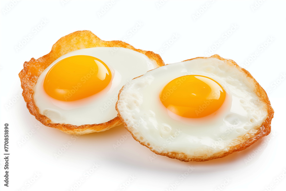 Two delicious fried eggs on a white background. Two delicious fried eggs on a white background.