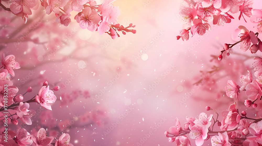 floral spring banner, blooming sakura on pink background with copy space