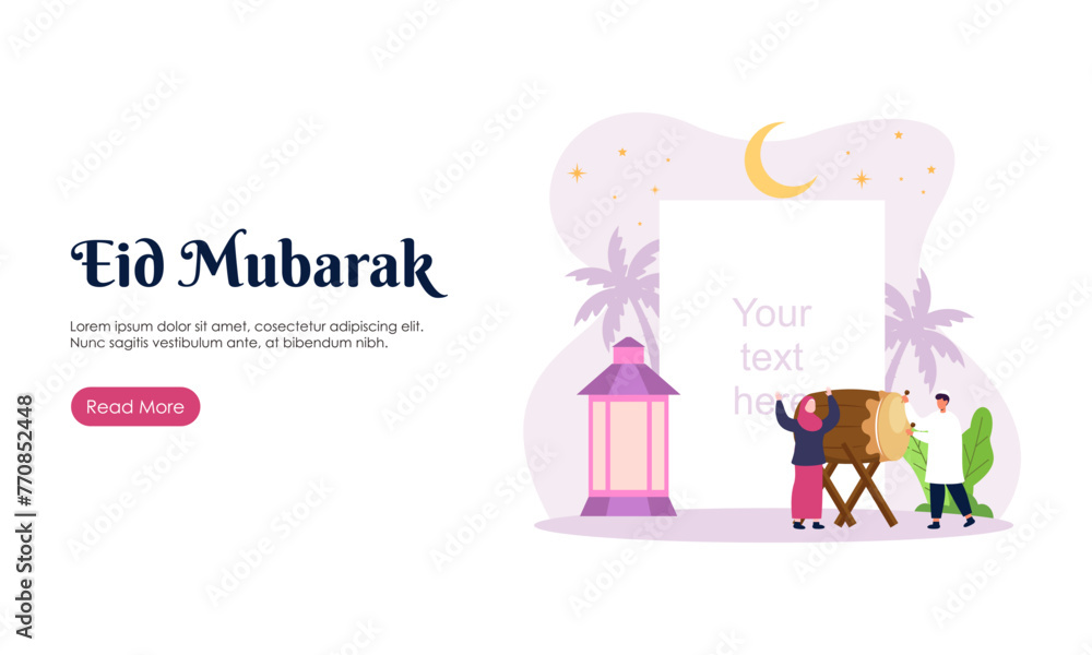 Obraz premium Happy Eid Mubarak or Ramadan Greeting with People Character Illustration. Islamic Design Template for Banner, Landing Page or Poster.