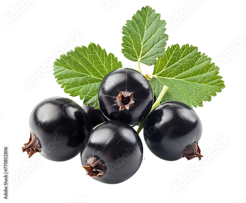 Black currants with accompanying leaves, showcased in isolation against a white background.



