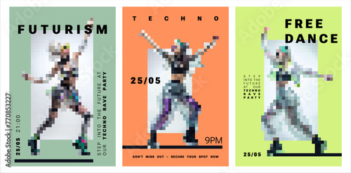 Futurism style print, Y2k Trendy style. Cyber rave posters, pixelated art, colorful, pastel color. Pixels brutal girl. Invite to rave event. Flyer design template with abstract elements. Dance poses photo