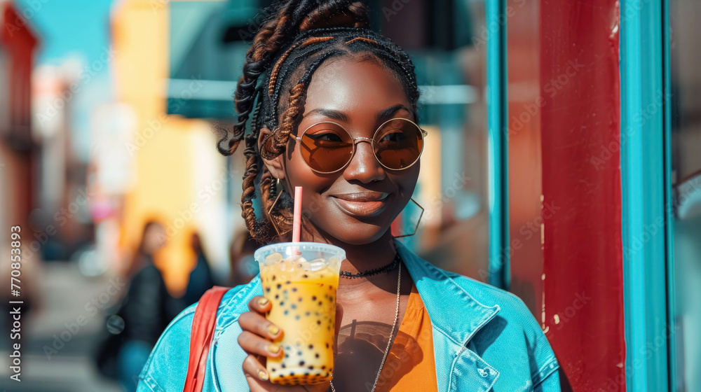 Modern Black Woman With Colorful Bubble Tea Walking In The Street - obrazy, fototapety, plakaty 