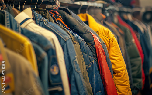 A row of jackets hanging on a rack, showcasing various colors and styles. generative ai