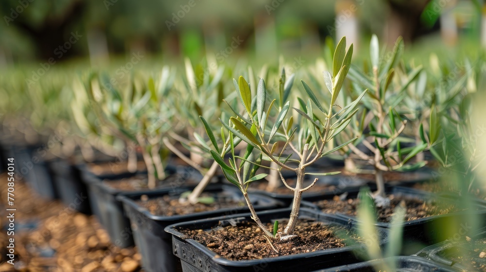 Olive tree saplings in a nursery - obrazy, fototapety, plakaty 