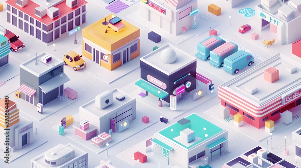 Isometric city illustration with various buildings like offices, houses, and factories for urban design maps
