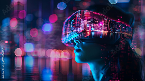 girl in virtual reality glasses close-up in neon style against the background of the city