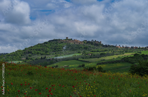The town of Pienza in Tuscany  view of the town and Val D Orcia  Italy. 