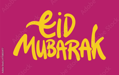 Eid Mubarak handwritten lettering. Modern Calligraphy. Yellow text Vector lettering isolated on pink background. Eid Mubarak hand drawn lettering for your design