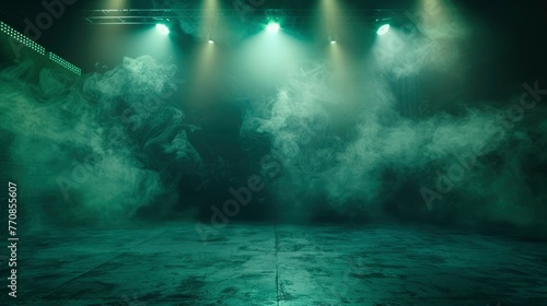 The dark stage shows, dark green background, an empty dark scene, neon light, and spotlights and studio room with smoke float up the interior texture for display products - generative ai