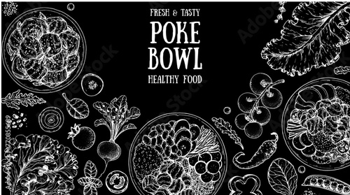 Poke Bowl frame. Hawaiian Food top view vector illustration. Food menu design template. Hand drawn sketch. Vintage style. © DiViArts