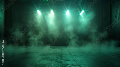 The dark stage shows, dark green background, an empty dark scene, neon light, and spotlights and studio room with smoke float up the interior texture for display products - generative ai