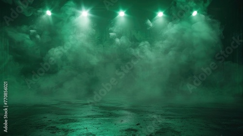 The dark stage shows  dark green background  an empty dark scene  neon light  and spotlights and studio room with smoke float up the interior texture for display products - generative ai