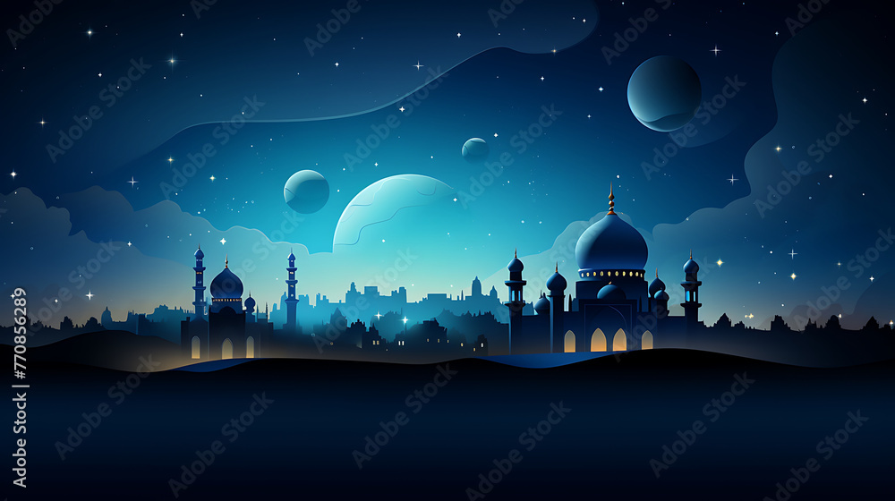 Mosque silhouette full moon in night blue background. Islam Ramadan concept. , generative ai	
