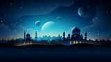 Mosque silhouette full moon in night blue background. Islam Ramadan concept. , generative ai	
