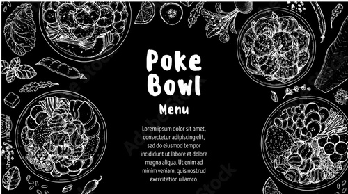 Poke Bowl frame. Hawaiian Food top view vector illustration. Food menu design template. Hand drawn sketch. Vintage style. © DiViArts